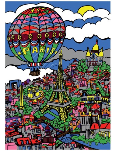 Paris en montgolfière. Tableau à colorier Sericolor® avec contours relief en velours